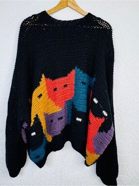 Knit Cat Sweater Size XXXL Crop Black Multicolor Cats Women's Balloon Sleeve